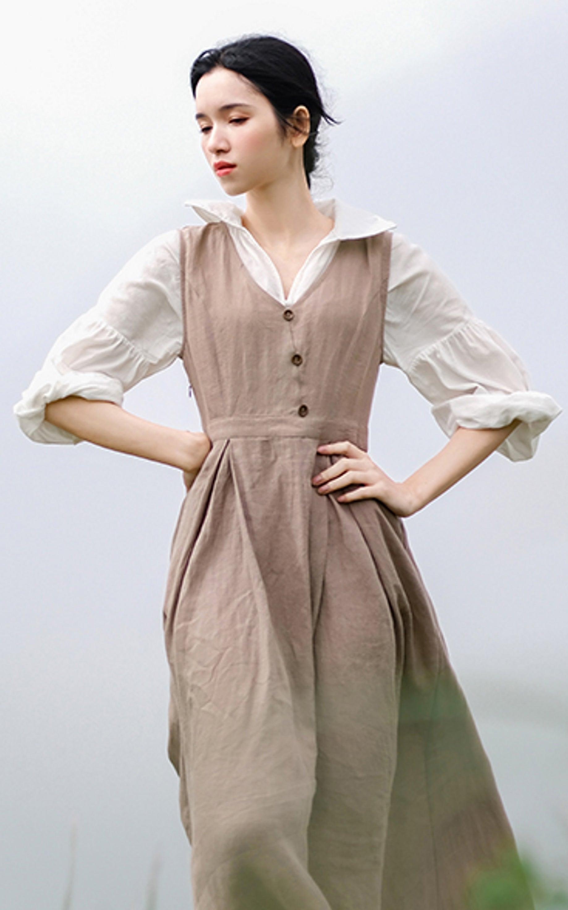 Elise Long Sleeve Dresses Women Vintage Elegant Slim 100%Linen Dress Pastoral Style V-Neck Two-Piece Dress - Sandrine Swank